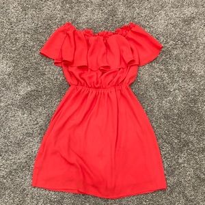Hot coral on/off shoulder dress. Express